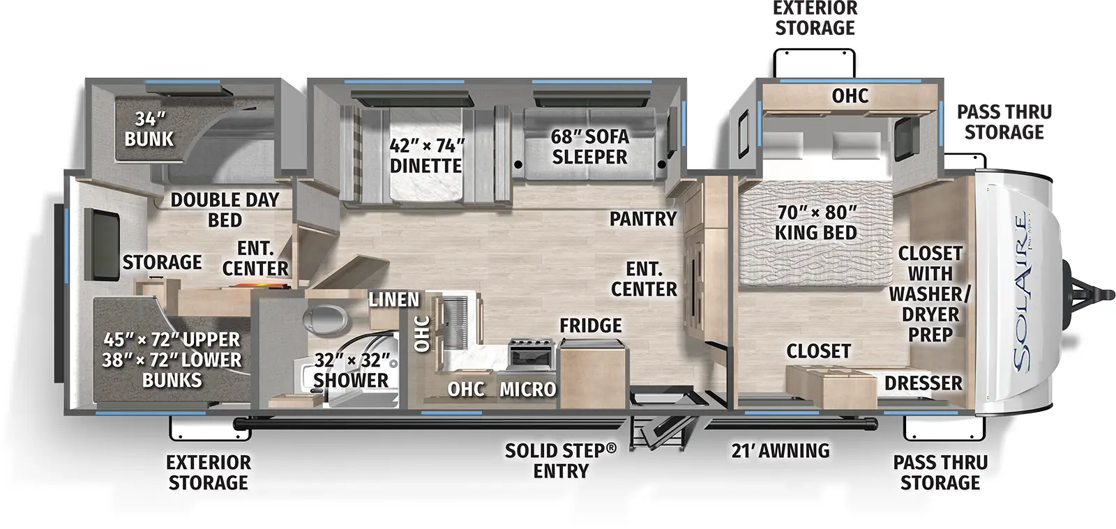 The SolAire Ultra Lite 3200TSBH floorplan has one entry and three slide outs. Exterior features include: fiberglass exterior and 21' awning. Interiors features include: bunk beds and front bedroom.